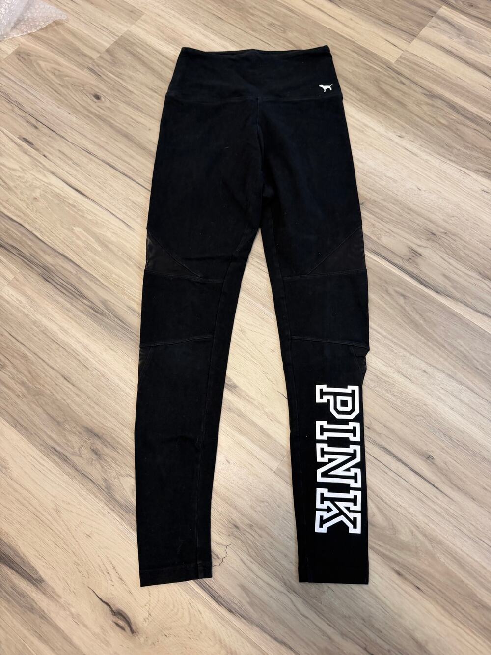 Pink Victorias Secret leggings black mesh triangles white logo XS